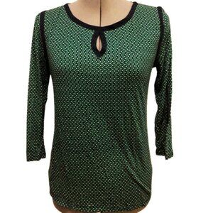 Ann Taylor Green and Navy Geometric Print Top, Keyhole Neckline, Size M